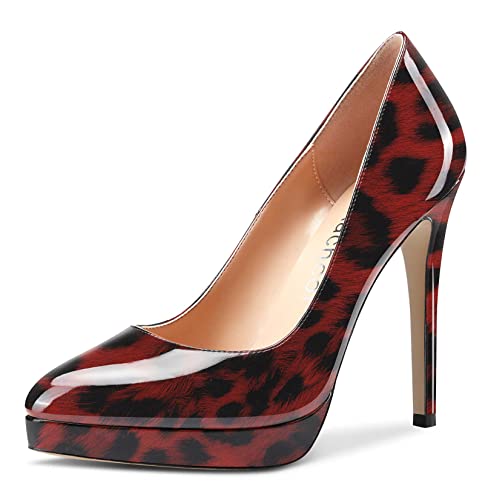 Aachcol Damen Plateau Plattform Stiletto Hoher High Absatz Heel Pumps Geschlossene Spitze Zehenkappe Slip-on Schuhe Hochzeit Büroschuhe Party Dress Klassisch 12 cm Rot Leopard 40 EU von Aachcol