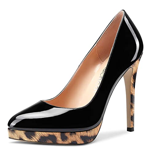 Aachcol Damen Plateau Plattform Stiletto Hoher High Absatz Heel Pumps Geschlossene Spitze Zehenkappe Slip-on Schuhe Hochzeit Büroschuhe Party Dress Klassisch 12 cm Schwarz Leopard 37 EU von Aachcol