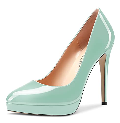 Aachcol Damen Plateau Plattform Stiletto Hoher High Absatz Heel Pumps Geschlossene Spitze Zehenkappe Slip-on Schuhe Hochzeit Büroschuhe Party Dress Klassisch 12 cm Türkis Grün Lackleder 42 EU von Aachcol