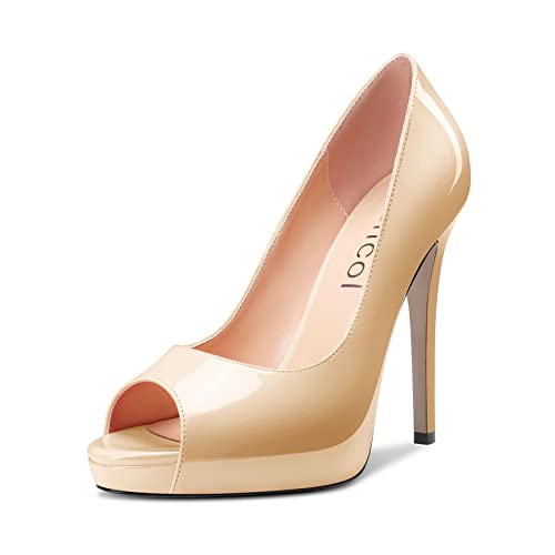 Aachcol Damen Plateau Plattform Stiletto Hoher High Absatz Heel Pumps Slip-on Peep Open Zehenkappe Dress Schuhe Büroschuhe Party Hochzeit Lackleder Beige 13 cm 39 EU von Aachcol
