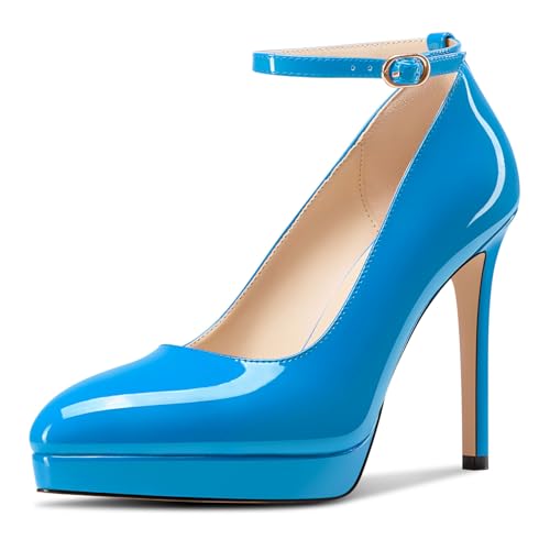 Aachcol Damen Plateau Plattform Stiletto Hoher High Absatz Heel Pumps Spitze Zehenkappe Knöchelriemen Slip-on Hochzeit Dress Schuhe 12 cm Heels Blau 36 EU von Aachcol