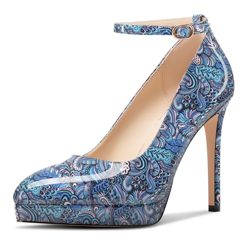 Aachcol Damen Plateau Plattform Stiletto Hoher High Absatz Heel Pumps Spitze Zehenkappe Knöchelriemen Slip-on Hochzeit Dress Schuhe 12 cm Heels Blau Mehrfarbig 40 EU von Aachcol