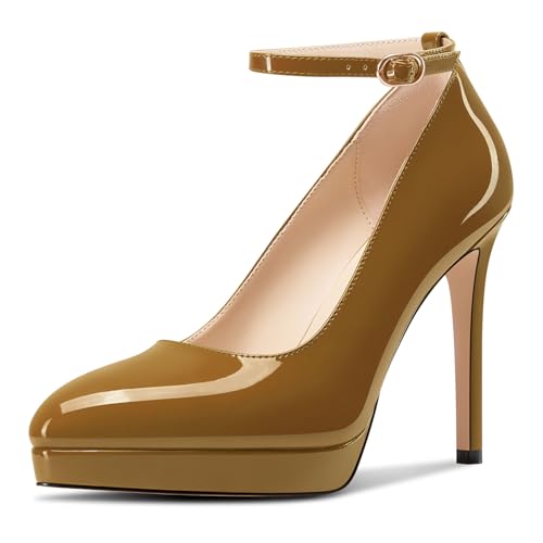 Aachcol Damen Plateau Plattform Stiletto Hoher High Absatz Heel Pumps Spitze Zehenkappe Knöchelriemen Slip-on Hochzeit Dress Schuhe 12 cm Heels Braun 41 EU von Aachcol
