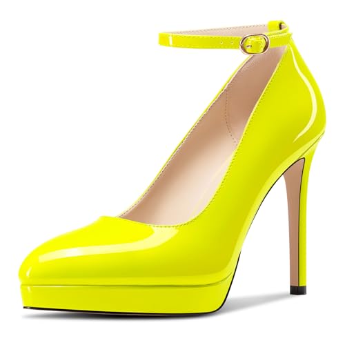 Aachcol Damen Plateau Plattform Stiletto Hoher High Absatz Heel Pumps Spitze Zehenkappe Knöchelriemen Slip-on Hochzeit Dress Schuhe 12 cm Heels Gelb 40 EU von Aachcol