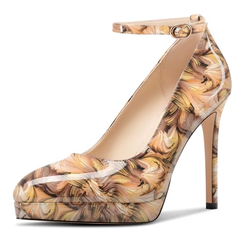 Aachcol Damen Plateau Plattform Stiletto Hoher High Absatz Heel Pumps Spitze Zehenkappe Knöchelriemen Slip-on Hochzeit Dress Schuhe 12 cm Heels Gelb Mehrfarbig 42 EU von Aachcol