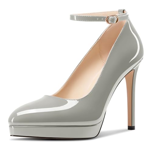 Aachcol Damen Plateau Plattform Stiletto Hoher High Absatz Heel Pumps Spitze Zehenkappe Knöchelriemen Slip-on Hochzeit Dress Schuhe 12 cm Heels Grau 39 EU von Aachcol