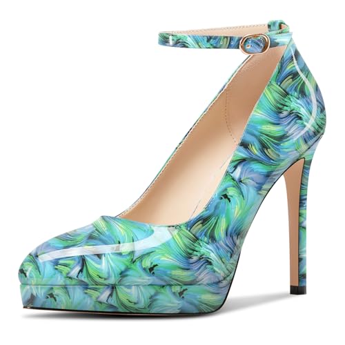 Aachcol Damen Plateau Plattform Stiletto Hoher High Absatz Heel Pumps Spitze Zehenkappe Knöchelriemen Slip-on Hochzeit Dress Schuhe 12 cm Heels Grün Mehrfarbig 42 EU von Aachcol