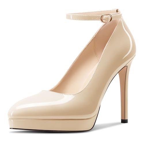 Aachcol Damen Plateau Plattform Stiletto Hoher High Absatz Heel Pumps Spitze Zehenkappe Knöchelriemen Slip-on Hochzeit Dress Schuhe 12 cm Heels Hautfarben 36 EU von Aachcol