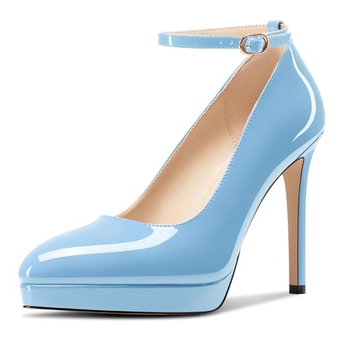 Aachcol Damen Plateau Plattform Stiletto Hoher High Absatz Heel Pumps Spitze Zehenkappe Knöchelriemen Slip-on Hochzeit Dress Schuhe 12 cm Heels Hellblau 37 EU von Aachcol