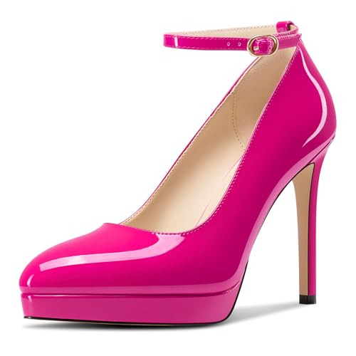 Aachcol Damen Plateau Plattform Stiletto Hoher High Absatz Heel Pumps Spitze Zehenkappe Knöchelriemen Slip-on Hochzeit Dress Schuhe 12 cm Heels Magenta 41 EU von Aachcol