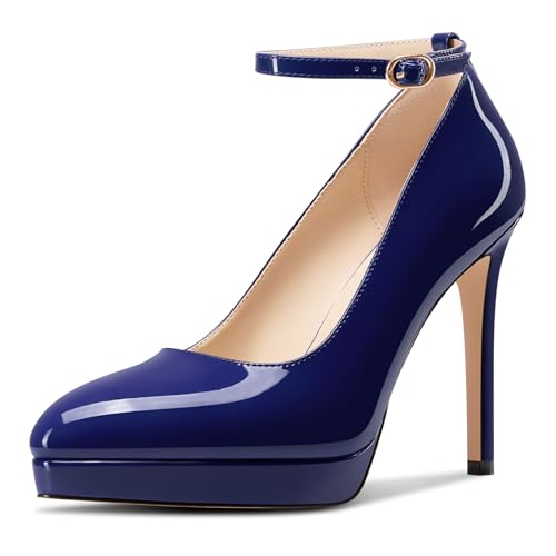 Aachcol Damen Plateau Plattform Stiletto Hoher High Absatz Heel Pumps Spitze Zehenkappe Knöchelriemen Slip-on Hochzeit Dress Schuhe 12 cm Heels Marineblau 41 EU von Aachcol