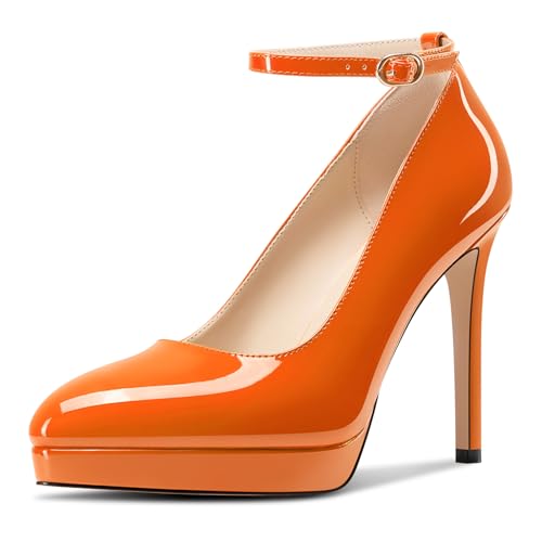 Aachcol Damen Plateau Plattform Stiletto Hoher High Absatz Heel Pumps Spitze Zehenkappe Knöchelriemen Slip-on Hochzeit Dress Schuhe 12 cm Heels Orange 38 EU von Aachcol