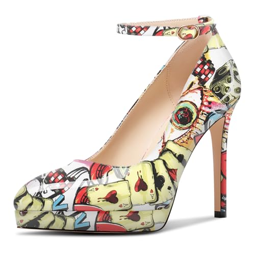 Aachcol Damen Plateau Plattform Stiletto Hoher High Absatz Heel Pumps Spitze Zehenkappe Knöchelriemen Slip-on Hochzeit Dress Schuhe 12 cm Heels Poker-Muster 39 EU von Aachcol