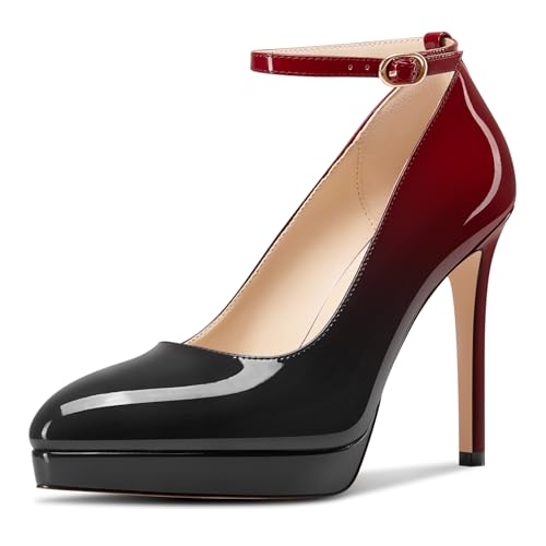 Aachcol Damen Plateau Plattform Stiletto Hoher High Absatz Heel Pumps Spitze Zehenkappe Knöchelriemen Slip-on Hochzeit Dress Schuhe 12 cm Heels Rot Schwarz 39 EU von Aachcol