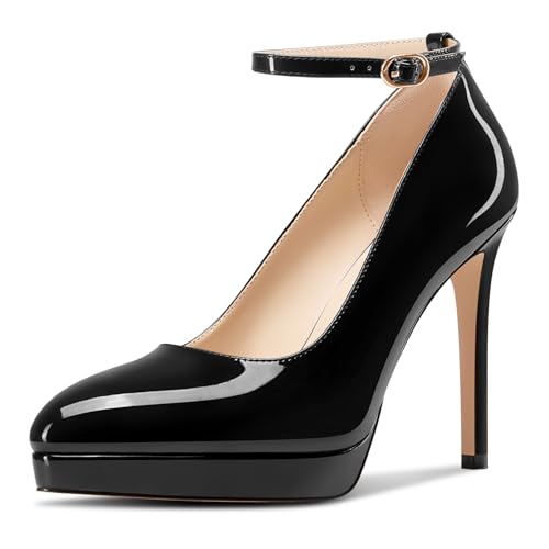 Aachcol Damen Plateau Plattform Stiletto Hoher High Absatz Heel Pumps Spitze Zehenkappe Knöchelriemen Slip-on Hochzeit Dress Schuhe 12 cm Heels Schwarz 41 EU von Aachcol