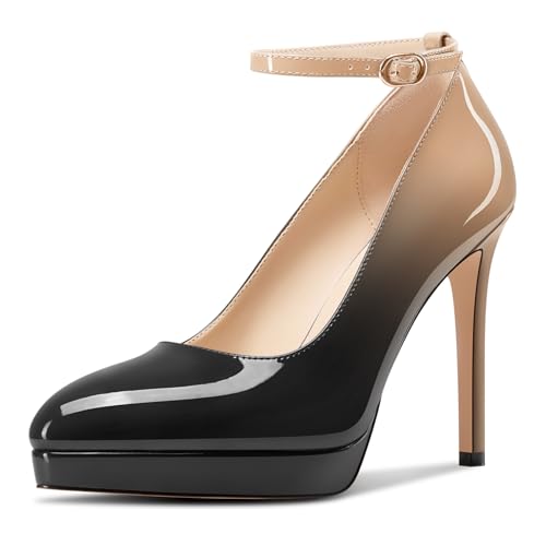 Aachcol Damen Plateau Plattform Stiletto Hoher High Absatz Heel Pumps Spitze Zehenkappe Knöchelriemen Slip-on Hochzeit Dress Schuhe 12 cm Heels Schwarz Hautfarben 39 EU von Aachcol