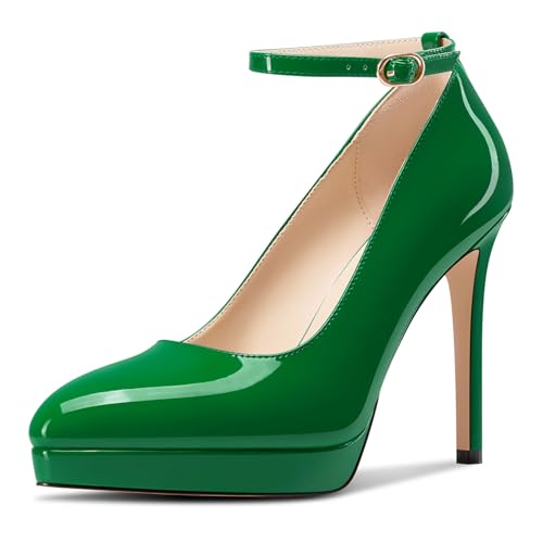 Aachcol Damen Plateau Plattform Stiletto Hoher High Absatz Heel Pumps Spitze Zehenkappe Knöchelriemen Slip-on Hochzeit Dress Schuhe 12 cm Heels Smaragdgrün 39 EU von Aachcol