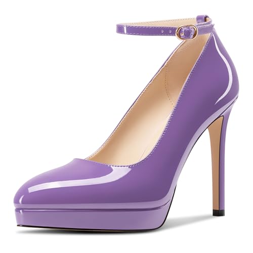 Aachcol Damen Plateau Plattform Stiletto Hoher High Absatz Heel Pumps Spitze Zehenkappe Knöchelriemen Slip-on Hochzeit Dress Schuhe 12 cm Heels Violett 38 EU von Aachcol