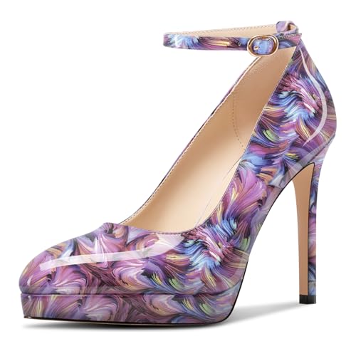 Aachcol Damen Plateau Plattform Stiletto Hoher High Absatz Heel Pumps Spitze Zehenkappe Knöchelriemen Slip-on Hochzeit Dress Schuhe 12 cm Heels Violett Mehrfarbig 41 EU von Aachcol