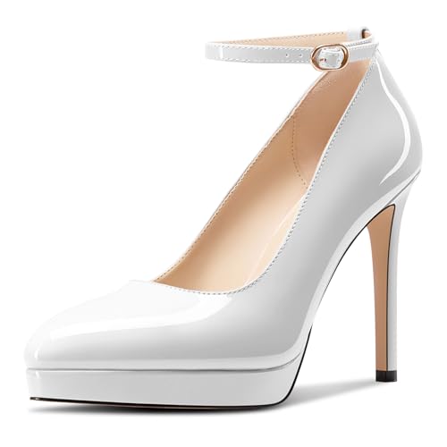 Aachcol Damen Plateau Plattform Stiletto Hoher High Absatz Heel Pumps Spitze Zehenkappe Knöchelriemen Slip-on Hochzeit Dress Schuhe 12 cm Heels Weiß 43 EU von Aachcol