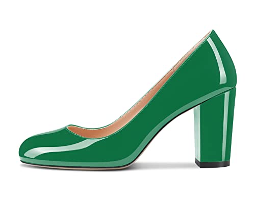 Aachcol Damen Pumps Chunky Blockabsatz Hoher High Absatz Heel Geschlossene Runde Zehenkappe Slip-on Schuhe 8 cm Dunkelgrün Lackleder 40 EU von Aachcol
