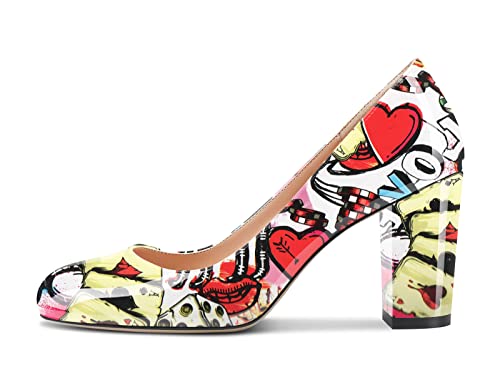 Aachcol Damen Pumps Chunky Blockabsatz Hoher High Absatz Heel Geschlossene Runde Zehenkappe Slip-on Schuhe 8 cm Mehrfarbig z3 38 EU von Aachcol