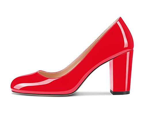 Aachcol Damen Pumps Chunky Blockabsatz Hoher High Absatz Heel Geschlossene Runde Zehenkappe Slip-on Schuhe 8 cm Rot Lackleder 45 EU von Aachcol