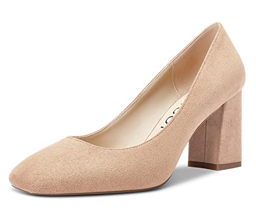 Aachcol Damen Pumps Chunky Blockabsatz Mittlerem Absatz Heel Geschlossene Eckige Zehenkappe Slip-on Dress Schuhe Hochzeit Büroschuhe Cute 8 cm Beige Wildleder 38 EU von Aachcol