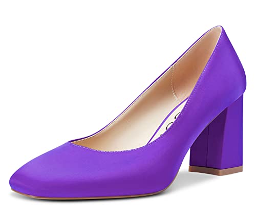 Aachcol Damen Pumps Chunky Blockabsatz Mittlerem Absatz Heel Geschlossene Eckige Zehenkappe Slip-on Dress Schuhe Klassisch Büroschuhe Hochzeit 8 cm Violett Satin 39 EU von Aachcol