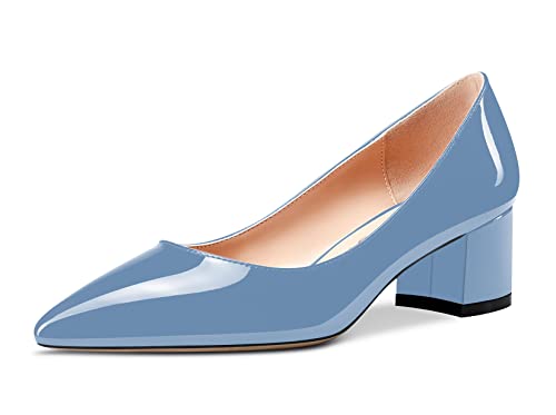 Aachcol Damen Pumps Chunky Blockabsatz Mittlerem Absatz Heel Geschlossene Spitze Zehenkappe Slip-on Schuhe Büroschuhe Klassisch 5 cm Hellblau Lackleder 39 EU von Aachcol