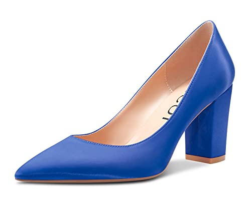 Aachcol Damen Pumps Chunky Blockabsatz Mittlerem Absatz Heel Spitze Zehenkappe Slip-on Hochzeit Büroschuhe Party Dress Schuhe Klassisch 8 Inch Blau Satin 45 EU von Aachcol