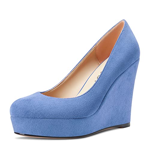 Aachcol Damen Pumps Plateau Plattform Keilabsatz Runde Zehenkappe Slip-on Chunky Blockabsatz Hoher High Absatz Heel Dress Schuhe Sandalen Wildleder Hellblau 10 cm 45 EU von Aachcol