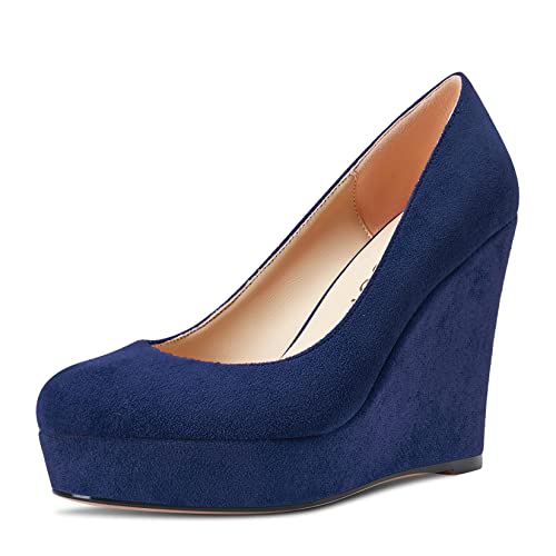 Aachcol Damen Pumps Plateau Plattform Keilabsatz Runde Zehenkappe Slip-on Chunky Blockabsatz Hoher High Absatz Heel Dress Schuhe Sandalen Wildleder Marineblau 10 cm 38 EU von Aachcol