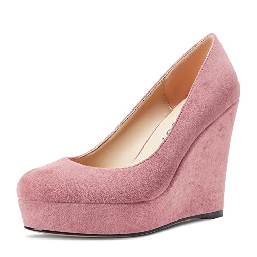 Aachcol Damen Pumps Plateau Plattform Keilabsatz Runde Zehenkappe Slip-on Chunky Blockabsatz Hoher High Absatz Heel Dress Schuhe Sandalen Wildleder Rosa B 10 cm 37 EU von Aachcol