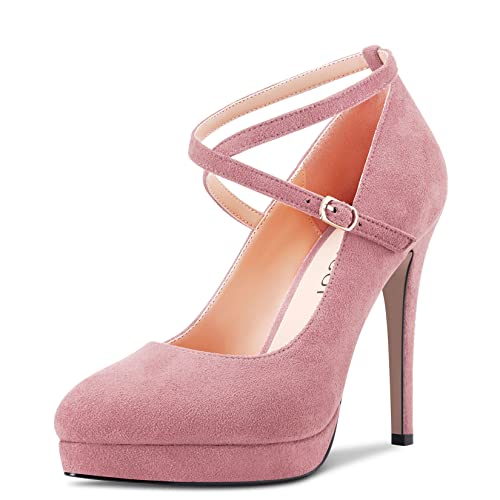 Aachcol Damen Pumps Plateau Plattform Runde Zehenkappe Knöchelriemen Stiletto Hoher High Absatz Heel Dress Schuhe Sandalen Hochzeit Wildleder Rosa B 12 cm 37 EU von Aachcol