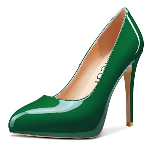 Aachcol Damen Pumps Plateau Plattform Stiletto Hoher High Absatz Heel Geschlossene Runde Zehenkappe Slip-on Dress Schuhe Hochzeit Büroschuhe Party Klassisch 12 cm Dunkelgrün Lackleder 38 EU von Aachcol