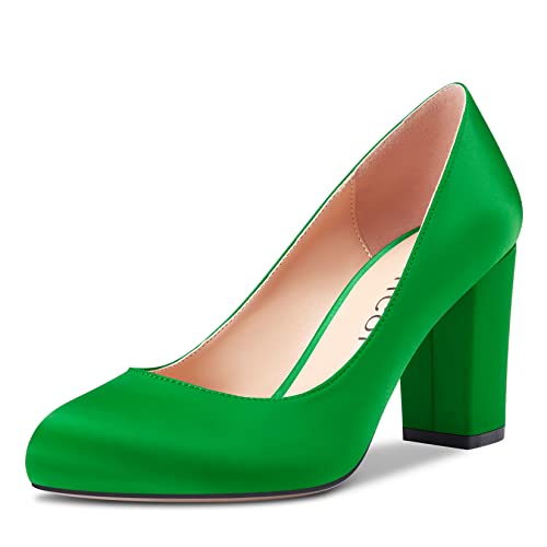 Aachcol Damen Pumps Runde Zehenkappe Slip-on Chunky Blockabsatz Mittlerem Hoher High Absatz Heel Dress Schuhe Satin Büroschuhe Hochzeit Grün 8 cm 35 EU von Aachcol