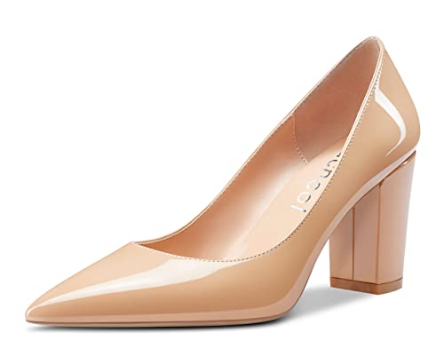 Aachcol Damen Pumps Spitzschuh Slip on Mid Heel Dress Office Chunky Block Heels Schuhe 8 cm Beige Lackleder 38 EU von Aachcol