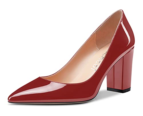 Aachcol Damen Pumps Spitzschuh Slip on Mid Heel Dress Office Chunky Block Heels Schuhe 8 cm Burgundisch Lackleder 42 EU von Aachcol