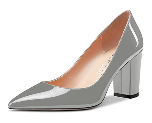 Aachcol Damen Pumps Spitzschuh Slip on Mid Heel Dress Office Chunky Block Heels Schuhe 8 cm Grau Lackleder 45 EU von Aachcol