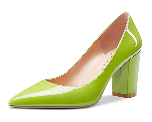Aachcol Damen Pumps Spitzschuh Slip on Mid Heel Dress Office Chunky Block Heels Schuhe 8 cm Limonengrün Lackleder 37 EU von Aachcol