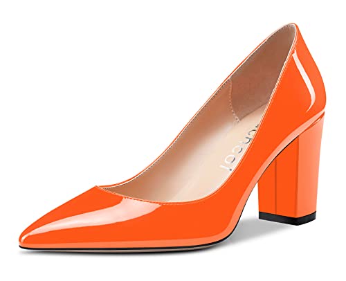 Aachcol Damen Pumps Spitzschuh Slip on Mid Heel Dress Office Chunky Block Heels Schuhe 8 cm Orange Lackleder 36 EU von Aachcol