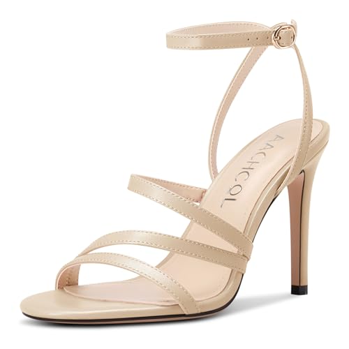 Aachcol Damen Runde Open Zehenkappe Hoher High Absatz Heel Sandalen Knöchelriemen Stiletto Slingback Party Dress Schuhe 10 CM Heels Champagnerfarbe 43 EU von Aachcol