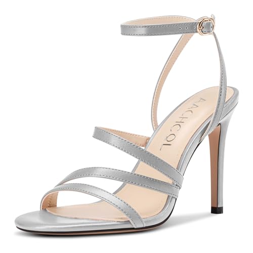 Aachcol Damen Runde Open Zehenkappe Hoher High Absatz Heel Sandalen Knöchelriemen Stiletto Slingback Party Dress Schuhe 10 CM Heels Grau 40 EU von Aachcol