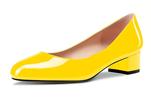 Aachcol Damen Runde Zehenkappe Pumps Chunky Blockabsatz Niedrige Absatz Heel Slip-on Dress Schuhe Büroschuhe Gelb Lackleder 3.5 cm 40 EU von Aachcol
