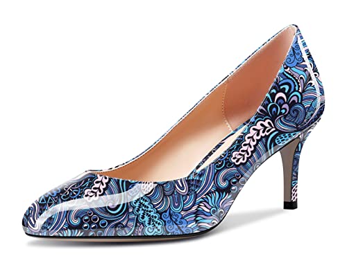 Aachcol Damen Runde Zehenkappe Pumps Stiletto Mittlerem Absatz Heel Slip-on Dress Schuhe Büroschuhe Blau Mehrfarbig 6.5 cm 39 EU von Aachcol