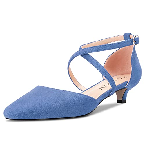 Aachcol Damen Sandalen Eckige Zehenkappe Knöchelriemen Pumps Niedrige Kitten Absatz Heel Dress Schuhe Wildleder Hochzeit Einkaufen Hellblau 3.5 CM 36 EU von Aachcol