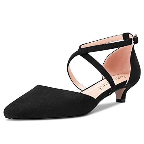 Aachcol Damen Sandalen Eckige Zehenkappe Knöchelriemen Pumps Niedrige Kitten Absatz Heel Dress Schuhe Wildleder Hochzeit Einkaufen Schwarz 3.5 CM 44 EU von Aachcol