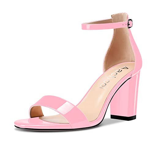 Aachcol Damen Sandalen Peep Open Zehenkappe Knöchelriemen Chunky Blockabsatz Mittlerem Absatz Heel Schuhe Party Rosa Lackleder 8.5 CM 39 EU von Aachcol