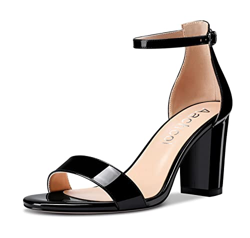 Aachcol Damen Sandalen Peep Open Zehenkappe Knöchelriemen Chunky Blockabsatz Mittlerem Absatz Heel Schuhe Party Schwarz Lackleder 8.5 CM 38 EU von Aachcol